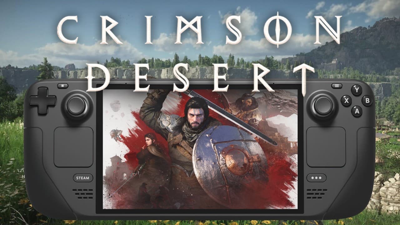 Crimson Desert official Steam page banner showing Kliff exploring the continent of Pywel.